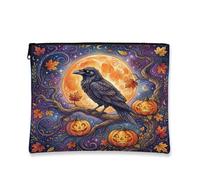 Raven And Harvest Moon Trousse de maquillage Halloween Thème automne 17,8 x | Feuillage d'automne, pochette de maquillage zippée, Jack-o'-lanterns, Harvest Moon, style gothique savant