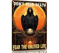 Raven Decor - Plaque en étain vintage pour Halloween - Don't Fear Death Fear The Unlived Life - Décoration murale rétro en forme de corbeau - 30,5 x 40,6 cm