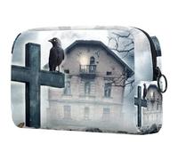 Raven on Halloween Old House Wall Cosmetic Bag for Women Travel Toiletries Bags Large Makeup Handy Pouch Organizer Bag With Zipper, multicolore, 18.5x7.5x13cm/7.3x3x5.1in, Trousse de toilette