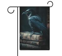 Raven on Stack of Books Drapeau de jardin foncé en toile de jute double face 30,5 x 45,7 cm