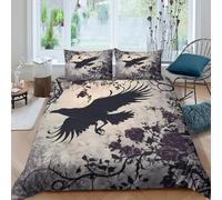 Raven Volant Parure de Lit Léger Microfibre résistante 3 Pièces 3D Effet Gothic Floral Art Style Housse de Couette avec 2 Taies d'oreiller Hypoallergique for Adulte Single（140x200cm）