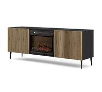 Ravenna 2D Meuble TV 2D avec cheminée 170 x 42 x 63 cm, 2 portes, 2 étagères, design moderne, effet flamme, pieds en métal noir, push-to-open, meuble TV pour salon, noir mat/chêne artisan