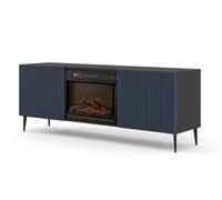 Ravenna Meuble TV 2D avec cheminée 170 x 42 x 63 cm, 2 portes, 2 étagères, design moderne, effet flamme, pieds en métal noir, push-to-open, meuble TV pour salon (noir mat/bleu foncé)