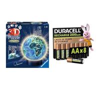 Ravensburger 3D Puzzle Ball Terre LED, 72 pièces, 6+ Ans, & Duracell AA Rechargeables 8 pcs, 2500mAh