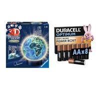 Ravensburger 3D Puzzle Ball Terre LED, 72 pièces, 6+ Ans, & Duracell Optimum AA 8 pcs, Power Boost