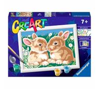 Ravensburger - CreArt Série E : lapins entre les marguerites, kit de peinture avec numéros, contient une planche préimprimée, pinceau, couleurs et accessoires, jeu créatif pour enfants 9 ans
