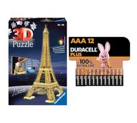 Ravensburger - Puzzle 3D - Building - Tour Eiffel illuminée - 12579 + Piles alcalines AAA Duracell Plus, 1.5V LR03 MN2400, Paquet de 12