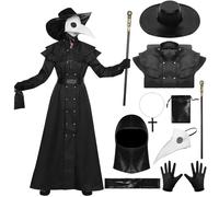 Raveparty Costume de médecin de la peste pour femme - Costume d'Halloween pour adulte avec robe, chapeau, masque, ceinture, gants, collier à cordon de serrage pour femme, fête d'Halloween (noir