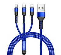 RAVIAD Câble Multi USB, 3 en 1 Câble Universel [1.2M] Multi USB Câble de Chargement en Nylon avec Micro USB Type C Lightning Câble pour iPhone, Samsung Galaxy, Huawei, Honor, OnePlus- Bleu