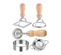 Ravioli Stamp And Cutter Set - Stainless Steel Dumpling Mold & Pasta Wheel | 2.95 Inch Size | 5 Piece Stainless Steel Ravioli Maker Set With Wooden Handle | Crimped Edge Fluted Mold & Rolling Wheel Cutt