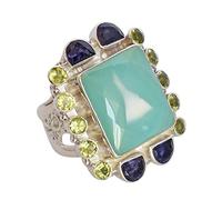 Ravishing Impressions Bague en argent 925 avec cabochon réglable en agate bleue et péridot - 20 x 18 mm - 6 x 4 mm - 3 mm - Fait à la main - Pierre précieuse naturelle - Cadeau pour femme, M 1/2