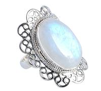 Ravishing Impressions Bague en argent 925 avec pierre de lune arc-en-ciel 25 x 12 mm, lunette ovale cabochon blanc, réglable, bijoux bohèmes faits à la main, cadeau pour femme, N1/2,54(17.20), Pierre