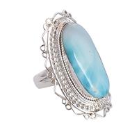 Ravishing Impressions Bague en argent 925 Larimar de 26 x 11 mm, cabochon ovale rond, lunette bleue, réglable, pierre naturelle, faite à la main, bijou bohème cadeau pour femme, N 1/2, Pierre