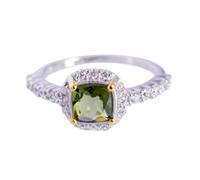 Ravishing Impressions Bague en moldavite et oxyde de zirconium sertie de pierres précieuses vertes à facettes carrées et rondes 6 x 6 mm 2 mm 2,7 g, S1/2,61(19.4), Pierre précieuse, Moldavite, zircon