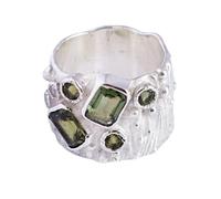 Ravishing Impressions Bague en moldavite, pierres précieuses vertes rectangulaires et rondes à facettes 7 x 5 mm, 7 x 4,5 mm, 3 mm, empilable pour tous les jours et occasions spéciales, W1/2,66(21.00