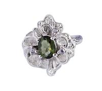 Ravishing Impressions Bague ovale en moldavite et oxyde de zirconium sertie de pierres précieuses vertes à facettes faites à la main, P1/2,57(18.1), Gemme, Moldavite, zircon cubique