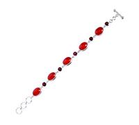 Ravishing Impressions Bracelet en argent et quartz rouge cornaline de 21,6 cm de long en argent sterling 925 plaqué rhodium blanc avec lunette ovale et cabochon rond et fermoir à bascule