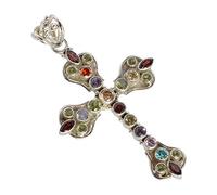 Ravishing Impressions Collier avec pendentif en forme de croix en argent 925 multi-pierres précieuses - Bijoux en cristal de guérison de la foi et des chakras - Croix spirituelle fabriquée à la main