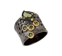 Ravishing Impressions Ensemble de bagues rectangulaires et rondes à facettes vertes 9 x 7 mm 3 mm 12,4 g Fait à la main Cadeau pour homme ou femme, S1/2,61(19.4), Pierre précieuse, Moldavite