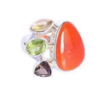 Ravishing Impressions Jewellery Cornaline, citrine, péridot, pierre précieuse de quartz fumé 925 solide bague en argent sterling joli look bijoux de créateur FSJ-5532, Pierre, Cornaline, citrine