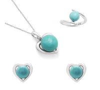 Ravishing Impressions Lot de 3 ensembles de bijoux turquoise, boucles d'oreilles cœur turquoise, collier et bague de dérivation en argent sterling 925, cadeau pour femmes et filles, amateurs de