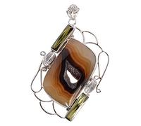 Ravishing Impressions Pendentif en Argent Sterling 925 avec Chaîne Cristal de Quartz Vert Druze Lunette Quartz Rectangle Cabochon Ovale 40x25mm Cadeau Bijoux