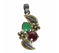 Ravishing Impressions Pendentif en argent sterling 925 plaqué or jaune et rhodium noir avec chaîne en chrysoprase grenat, cabochon rond de 10 mm et 8 mm, bijou cadeau pour femme