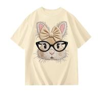 Ravissant T-Shirt Manches Courtes Filles avec imprimé Lapin Mignon et nœud Haut décontracté d'été en Coton Doux Confortable Tendance élégant Souple léger pour Tout-Petits Enfants (Beige, 3-4 Years)
