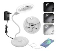 Raweao 5X Lampe Loupe de Bureau, Grande Loupe de Lecture LED avec Support, Dimmable LED Loup Eclairante avec 2 Ports USB et Prise Type-C pour Charge Rapide - Blanc