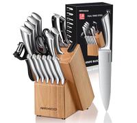 RAXCO Bloc à couteaux, Set de 18 couteaux de cuisine en acier inoxydable - Set de couteaux à steak, Sets de couteaux de cuisine professionnels avec bloc et aiguiseur (Oak)