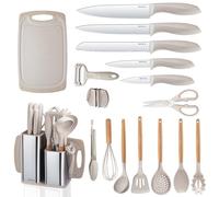 RAXCO Ensemble de couteaux de cuisine avec bloc, 18 pièces d'ustensiles de cuisine avec 5 couteaux et 7 spatules en silicone (paille jaune)