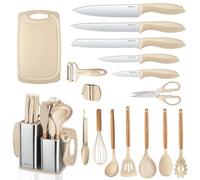 RAXCO Lot de 18 pièces couteaux de cuisine avec bloc, ustensiles de cuisine avec set de 5 pièces de couteaux et 7 pièces de spatules en silicone, set d'accessoires de cuisine