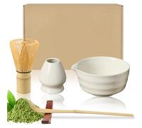 Raxfekro Lot de 5 balais à matcha, fouet à matcha, cuillère à matcha, bol à matcha avec bec verseur, whisky matcha, set de thé matcha en céramique (Blanc)