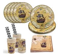 Raxfekro Lot de 64 assiettes de fête pirate en carton pour anniversaire d'enfant, couverts de pirate, avec assiettes, serviettes, tasses, pailles (pour 16 invités)