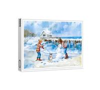 raxxa Puzzle premium | Boy Girl and Dog Playing on Winter Beach Watercolor | 1000 pièces