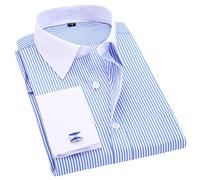 Rayé pour Homme Boutons de manchette French Casual Dress Shirts Manches Longues Col Blanc Design Mariage Smoking Shirt FS11 Bleu Clair Asiatique Taille 2XL