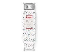 Rayen Planche à repasser - Gamme Basic Hauteur rEglable Maille mEtallique Repose-plaque chauffante Structure grise et couverture imprimEe en blanc Dimensions : 120 x 38 cm