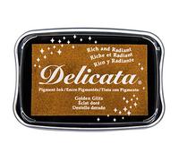 Rayher 29187616 Tampon encreur Delicata métallique, encre de couleur dorée à effet métallique, à base d’eau, séchage rapide, pour papiers non-couchés (non traités), boite avec couvercle intégré, 9,9x6,8x1,9cm Tampon encreur à effet métallique pour embellir vos créations sur papier !