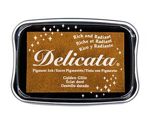 Rayher 29187616 Tampon encreur Delicata métallique, encre de couleur dorée à effet métallique, à base d’eau, séchage rapide, pour papiers non-couchés (non traités), boite avec couvercle intégré, 9,9x6,8x1,9cm Tampon encreur à effet métallique pour embellir vos créations sur papier !
