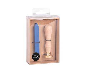 Rayher 29207376 Kit Cachet, sceau et cire, motif poisson, 2,5cm ø, cire bleu roi, 12g, sans mèche, communion, baptême, confirmation, pour garçon