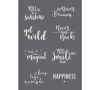 Rayher 45138000 Chablon avec racloir, 3 pces, mots d’encouragement, inspirants, en anglais, antidérapant, réutilisable, sérigraphie, arts créatifs, cadeaux, décoration, Gris