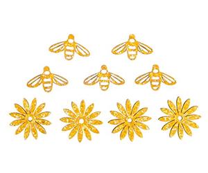 Rayher 46591166 Embellissements « Abeilles et Fleurs », en bois, jaune miel, 9 pces., 3cm, autocollant, décoration, invitations, table, cartes, scrapbooking, printemps-été