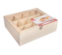 Rayher 62972505 Boite à thé, bois naturel FSC 100 %, 1 pce, 28,5X23,5X9cm, rangement de thé en sachet, 12 compartiments, couvercle avec fenêtre, Natur