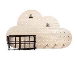 Rayher 63061000 Kit de rangement perforé Pin & Peg, nuage, nature, 13 pces, 40x10x23,5cm, bois MDF, mural, modulable, organisation, chambre d’enfant