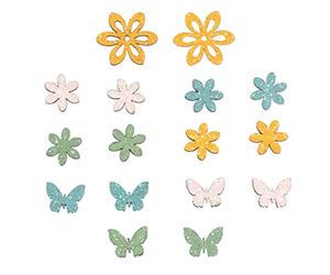 Rayher Embellissements « Fleur-Papillon », en bois, 4 couleurs, 16 pces., 2,3-4cm, autocollant, décoration, table, cartes, scrapbooking, été, printemps -46635999