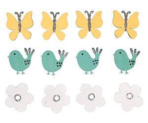 Rayher Embellissements «Papillon-Oiseau», en bois, 3 couleurs, 12 pces., 3-3,5cm, autocollant, décoration, table, cartes, scrapbooking, été, printemps -46644999