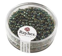 Rayher Perles rocaille bicolores, argenté-vert émeraude, 1 boite, 17g, ø 2,6mm, en verre, brillant, reflets arc-en-ciel, arts créatifs, bijoux, tissage, broderie-14384429