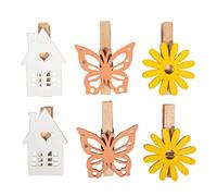 Rayher Pinces à linge «Maison- Papillon-Fleur», bois, 3 couleurs, 6 pces, 2,3X3,5cm, arts créatifs, décorations, été, printemps, cadeau, photo, mémo-46682000