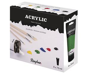 Rayher Starter Set peinture acrylique, 9 pces., 6 couleurs, tubes 75ml, avec pinceaux, toutes surfaces, usages multiples, arts créatifs-38931000