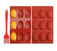 Raykce Lot de 2 Moule Madeleine Silicone 9 Cavités Moule a Madeleine Moule Antiadhésif en Forme de Coquille Moule à Madeleine avec Brosse pour Biscuits Chocolat Bonbons Pudding Gâteau (Rouge Brique)